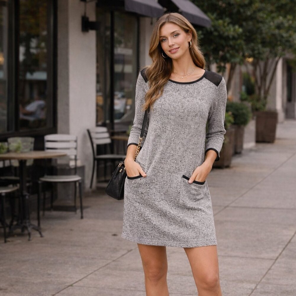 Heather Grey Sweater Dress M  Faux Leather Shoulder Detail | Casual Pocket Dress